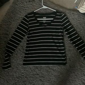 Black long sleeve with white and gray stripes